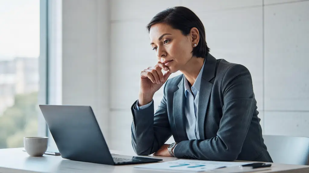 Professional leader reflecting in a modern office setting, authentic and human.
